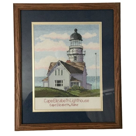 Framed CAPE ELIZABETH Lighthouse, Maine Completed Cross Stitch - Picture 1 of 4